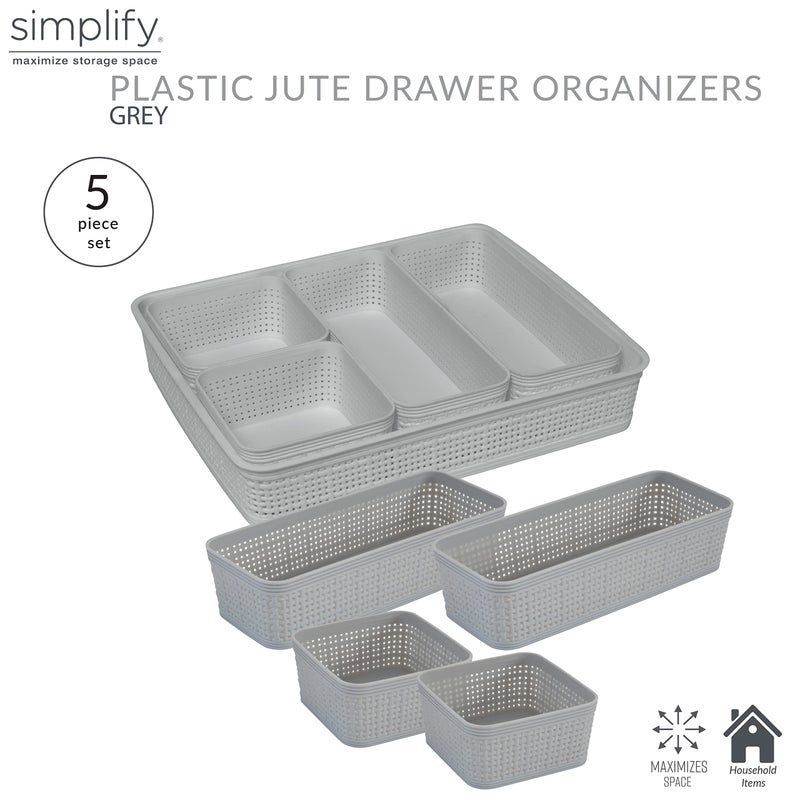 Simplify 5 Piece Organizing Set | Multiple Size Bins | Multipurpose | Office | Desk | Dorm | Bathroom | Storage Basket | Small Items | Accessories | Grey - Image 2